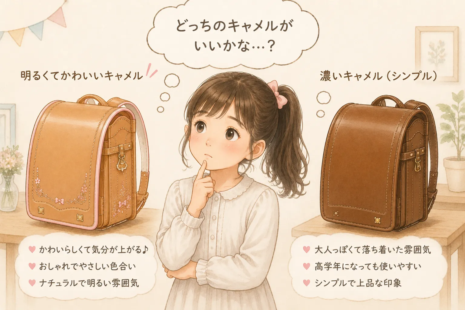 明るくてかわいらしいキャメルランドセルと、シンプルで濃いキャメルで悩む女の子