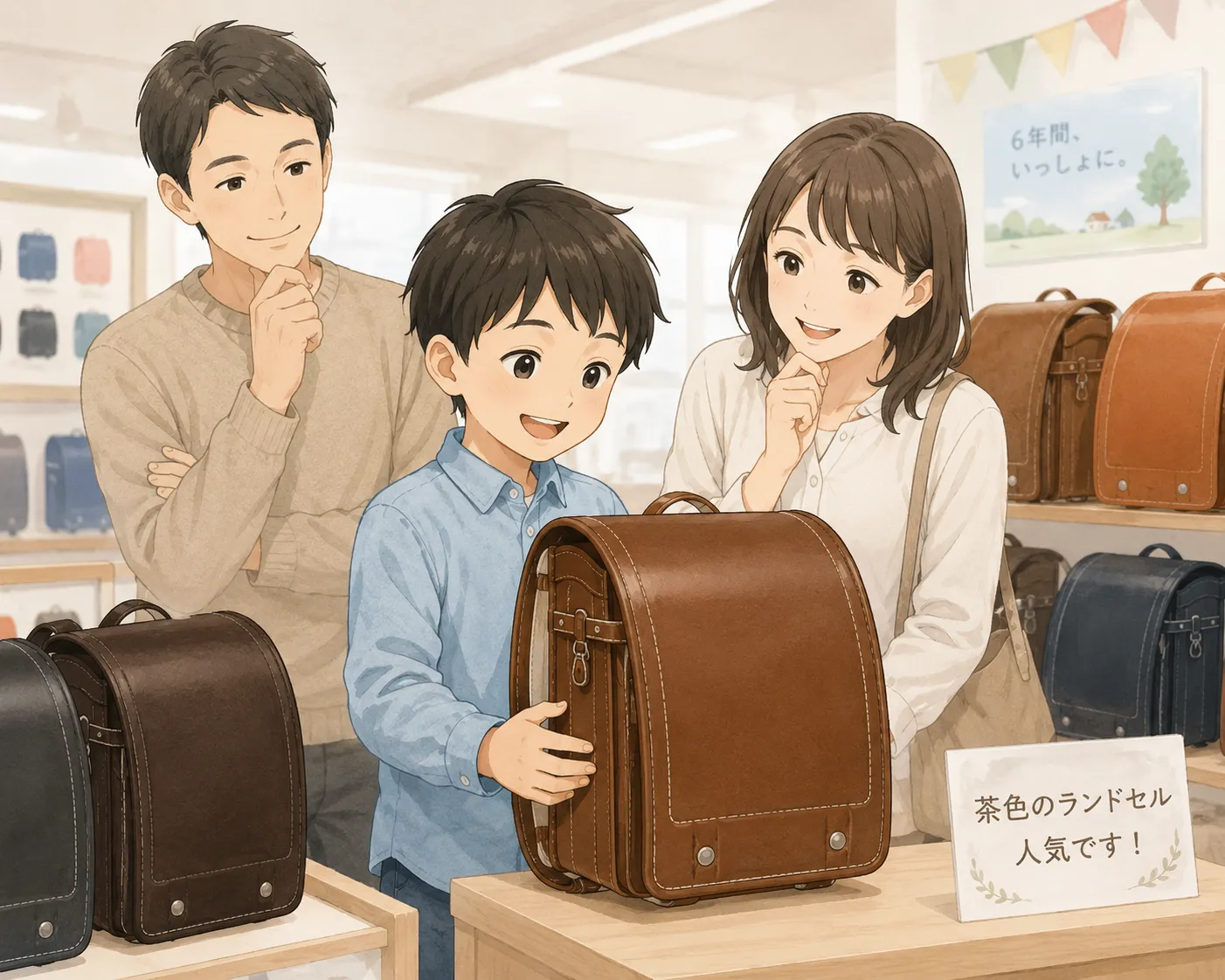 茶色のランドセルを選ぶ男の子