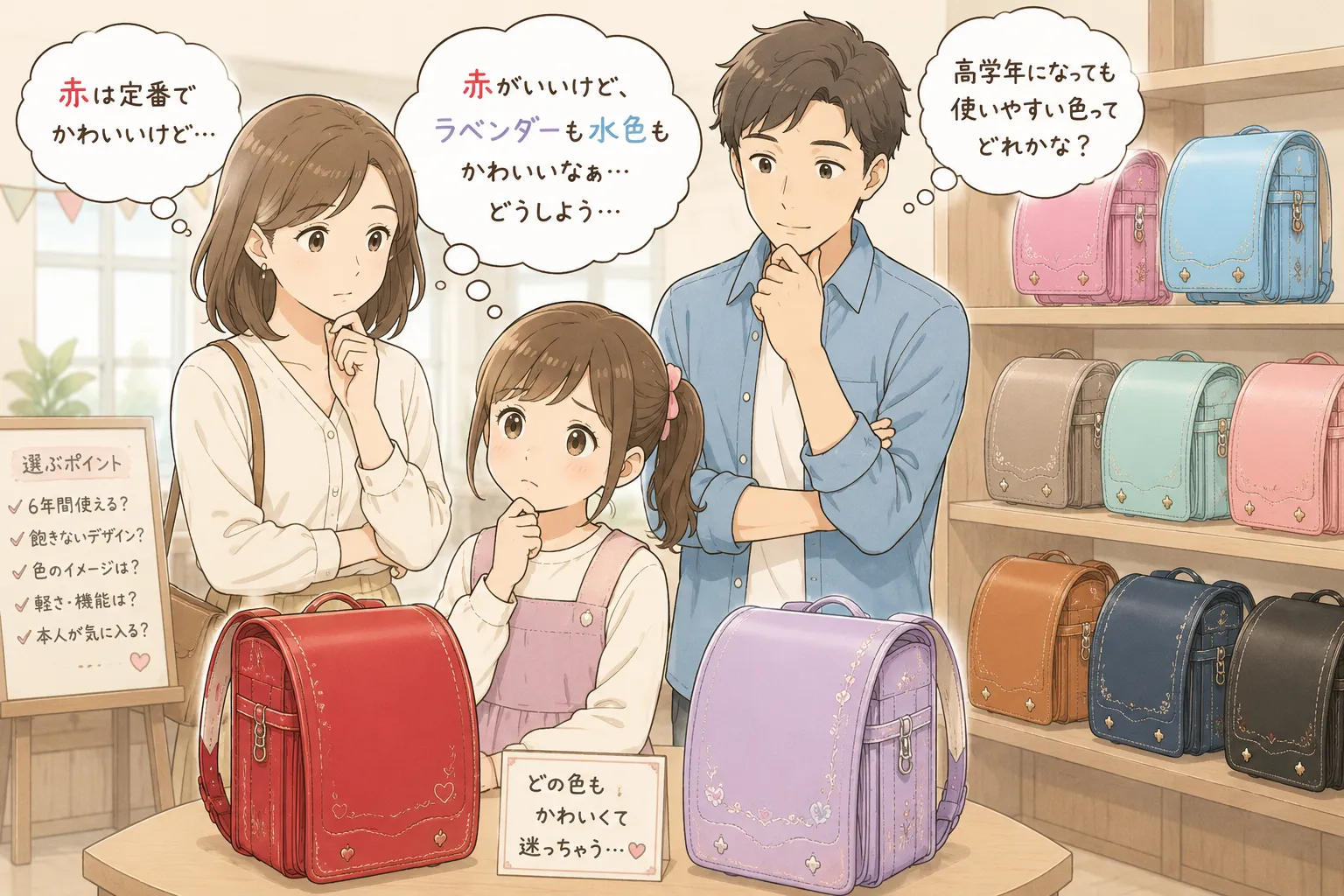 赤いランドセルの購入を躊躇する親子