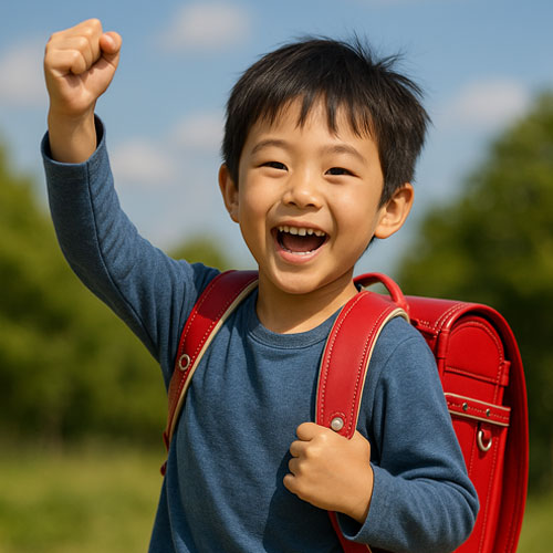 元気な男の子が赤いランドセルを背負っている