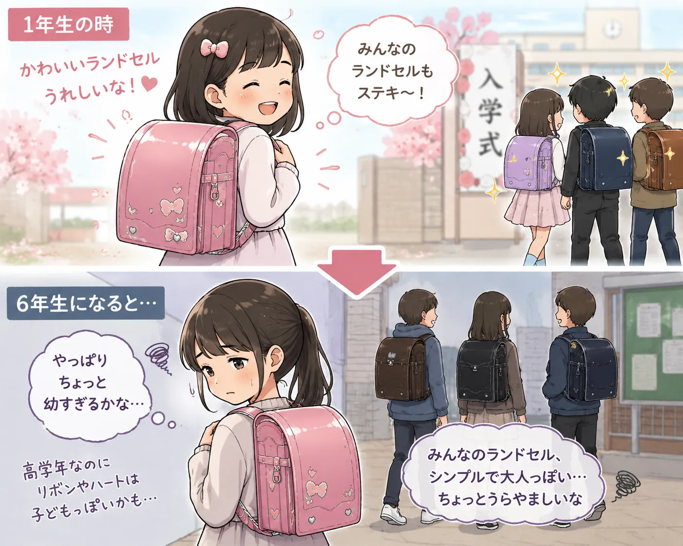 1年生の時はかわいいランドセルに満足していたのに、6年生になると少し幼すぎると感じる女の子