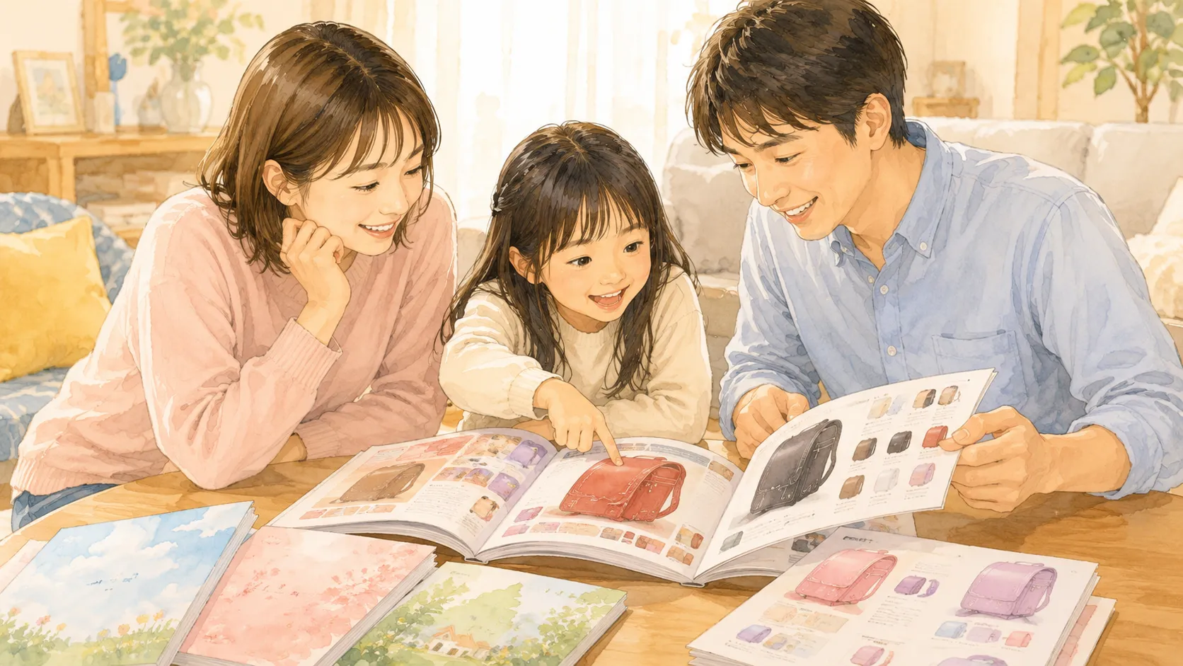 カタログを見る親子